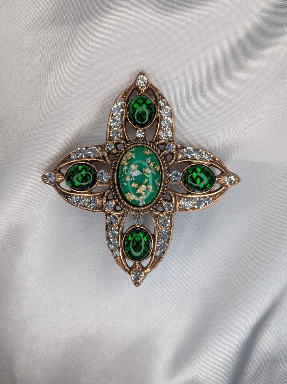 Green Gold Foil Maltese Cross Brooch Rhinestone Gothic Victorian Pin